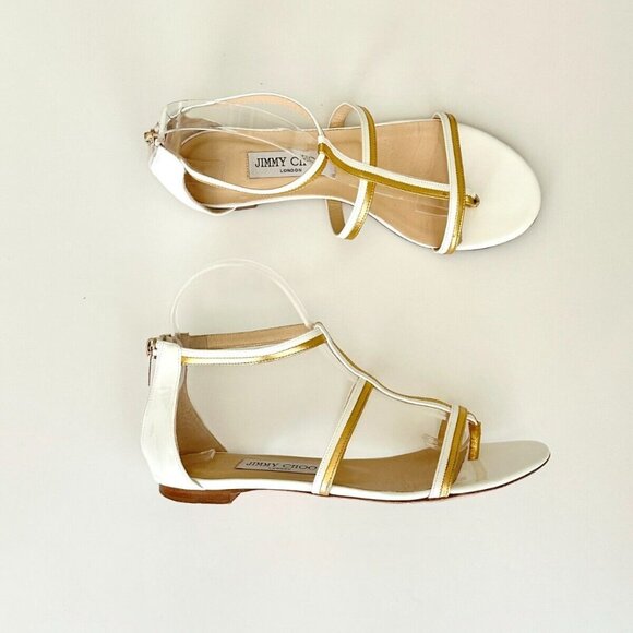 JIMMY CHOO White Patent Metallic Gold Leather Flat Gladiator Sandals Size 38